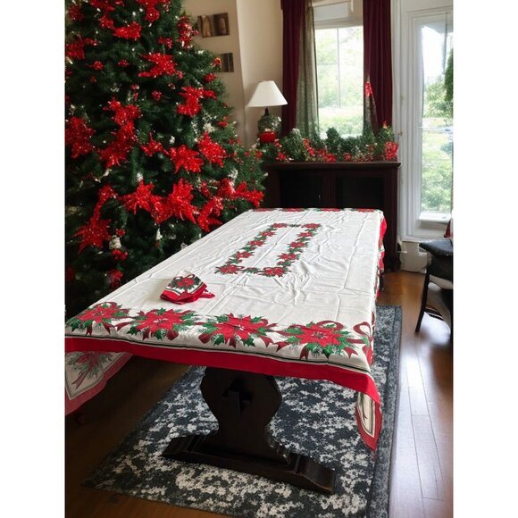 Vintage Christmas Poinsettia Tablecloth 86x62 + napkin - Picture 1 of 13